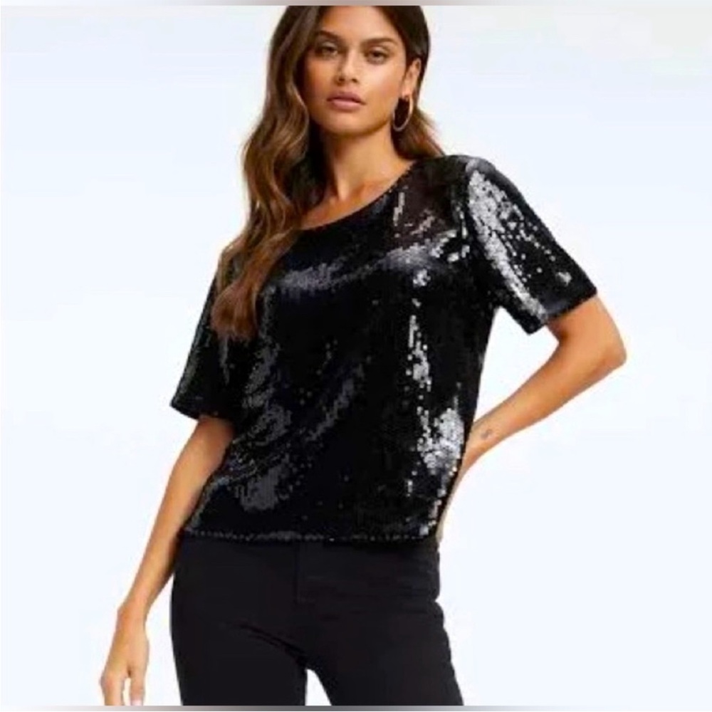 Good American Sequin Black S/S Party Tee‎ size 1 small soft dance sparkle night